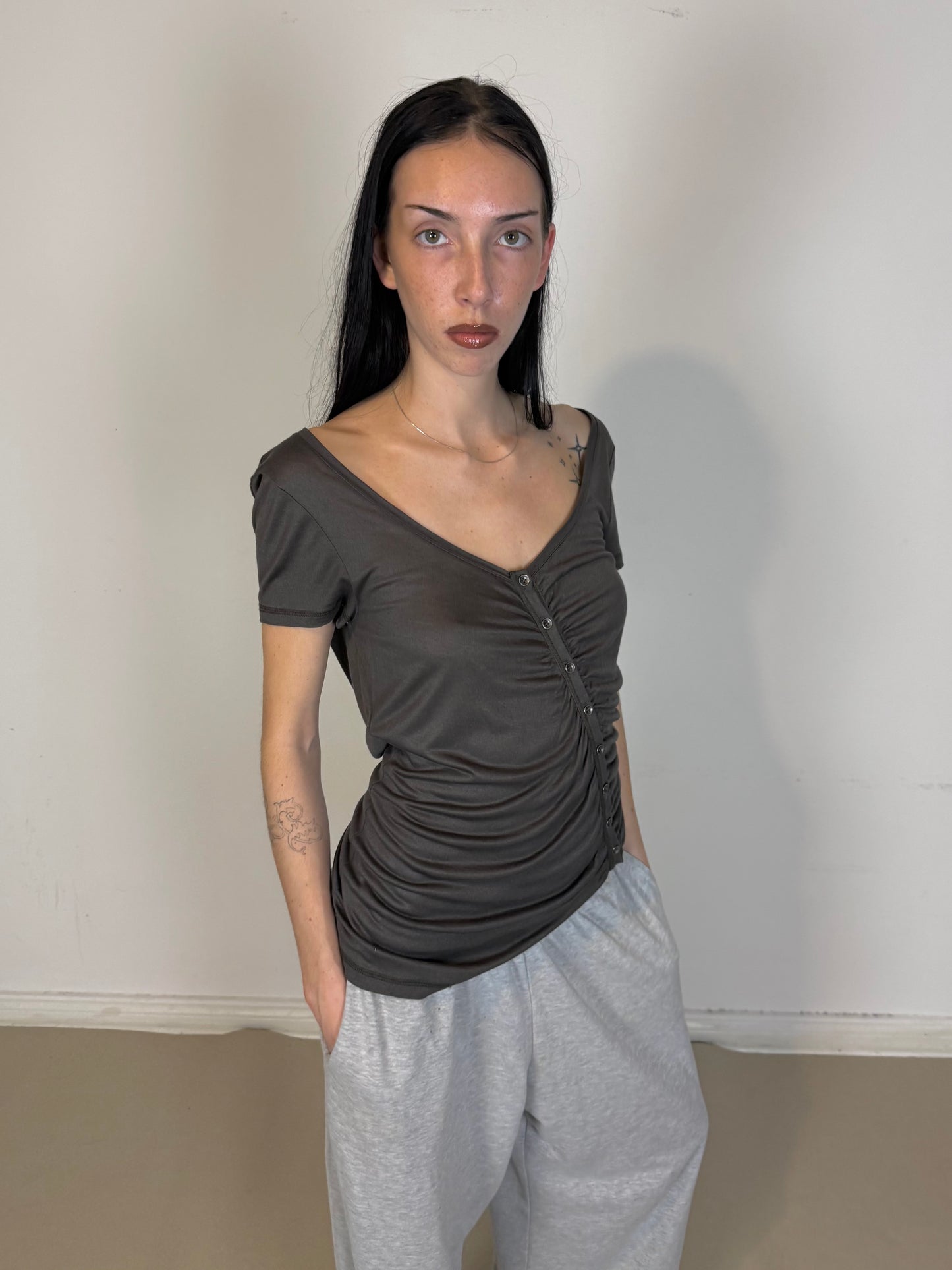 2000s asymmetrical button tee