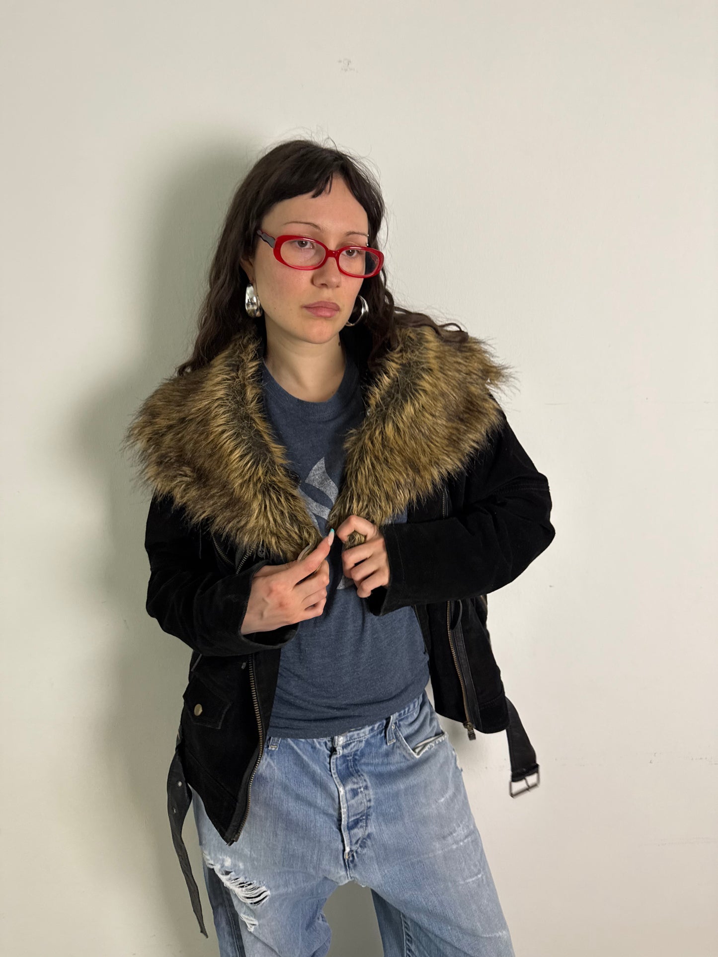 1990s fur collar leather jacket
