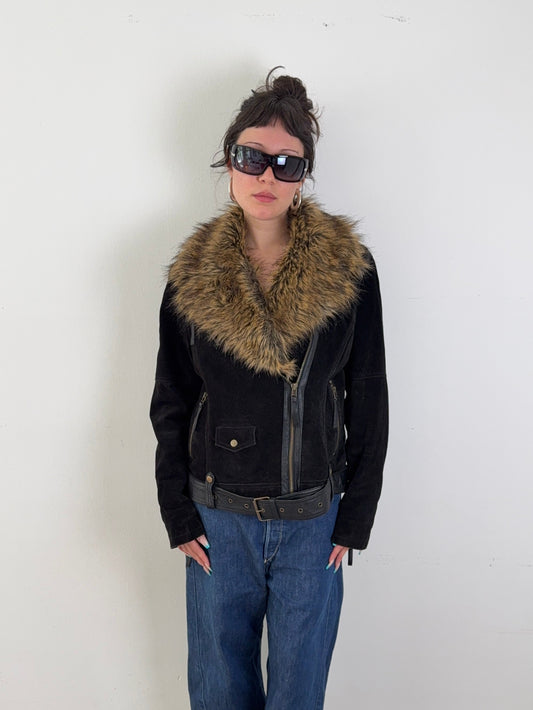1990s fur collar leather jacket